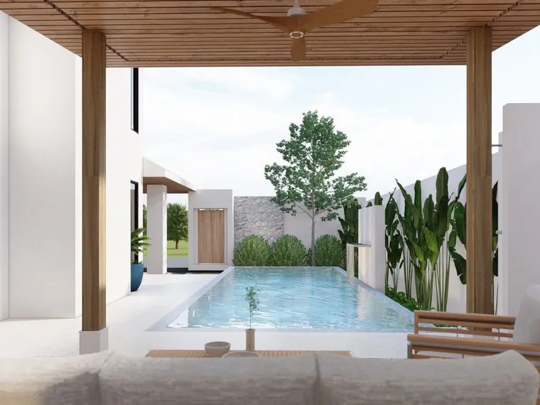 Visualisation of the pool seen from a covered terrace with timber beams and garden planting along the wall.