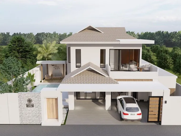 Aerial visualisation of the villa with its pitched-roof upper floor, carport and walled garden.