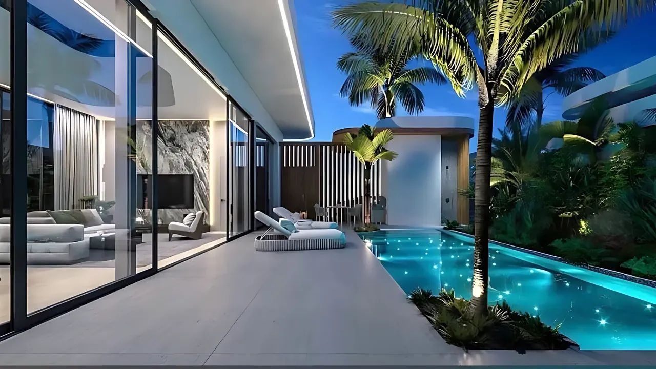 Three-bedroom Bang Tao pool villa at dusk: lit living pavilion behind full-height glass, long pool, palms.