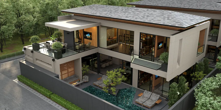 A computer-generated aerial view of a two-storey Oasis Collection villa with a grey tiled roof, timber-lined upper floor, glazed terrace and a green-tiled private pool in a walled garden.